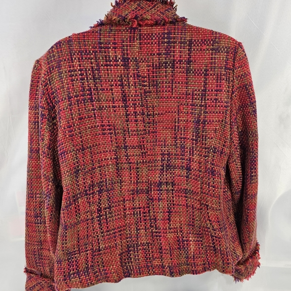 Coldwater Creek Woven Blazer Petite Medium Fringe Pink Purple Green Open Front - Picture 3 of 7
